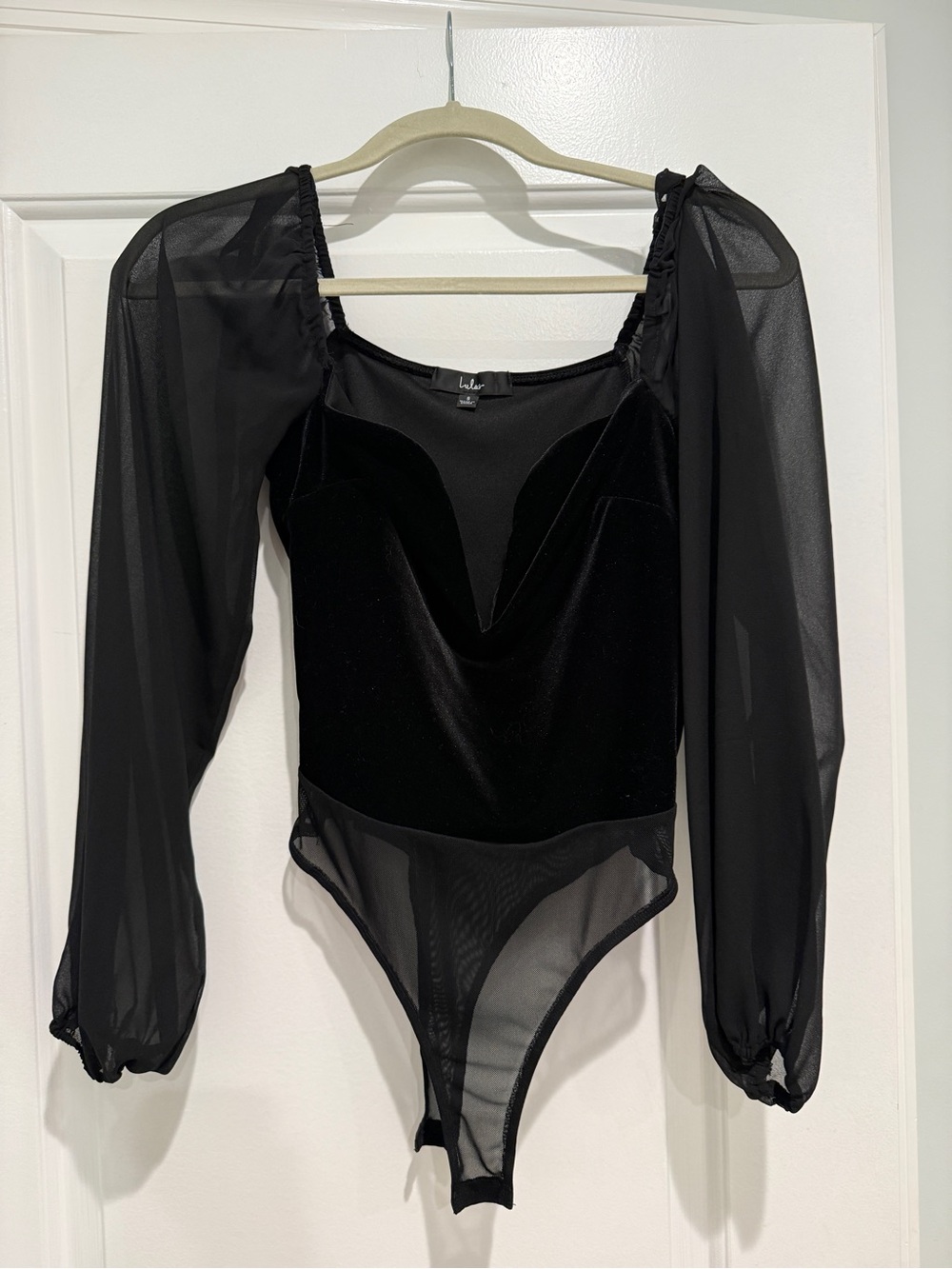 Lulu's Black Velvet & Mesh Long-Sleeve Bodysuit